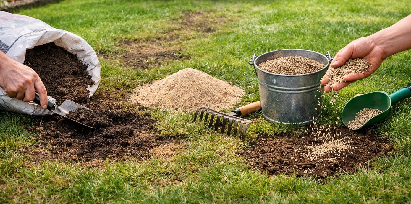 uzupełnić ubytki w trawniku